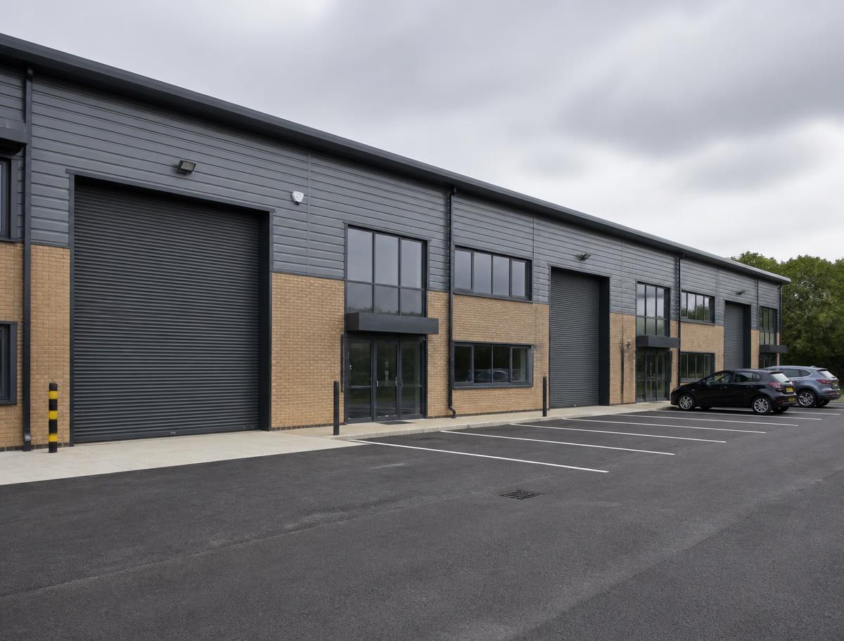 A modern UK light industrial unit with roller shutter doors