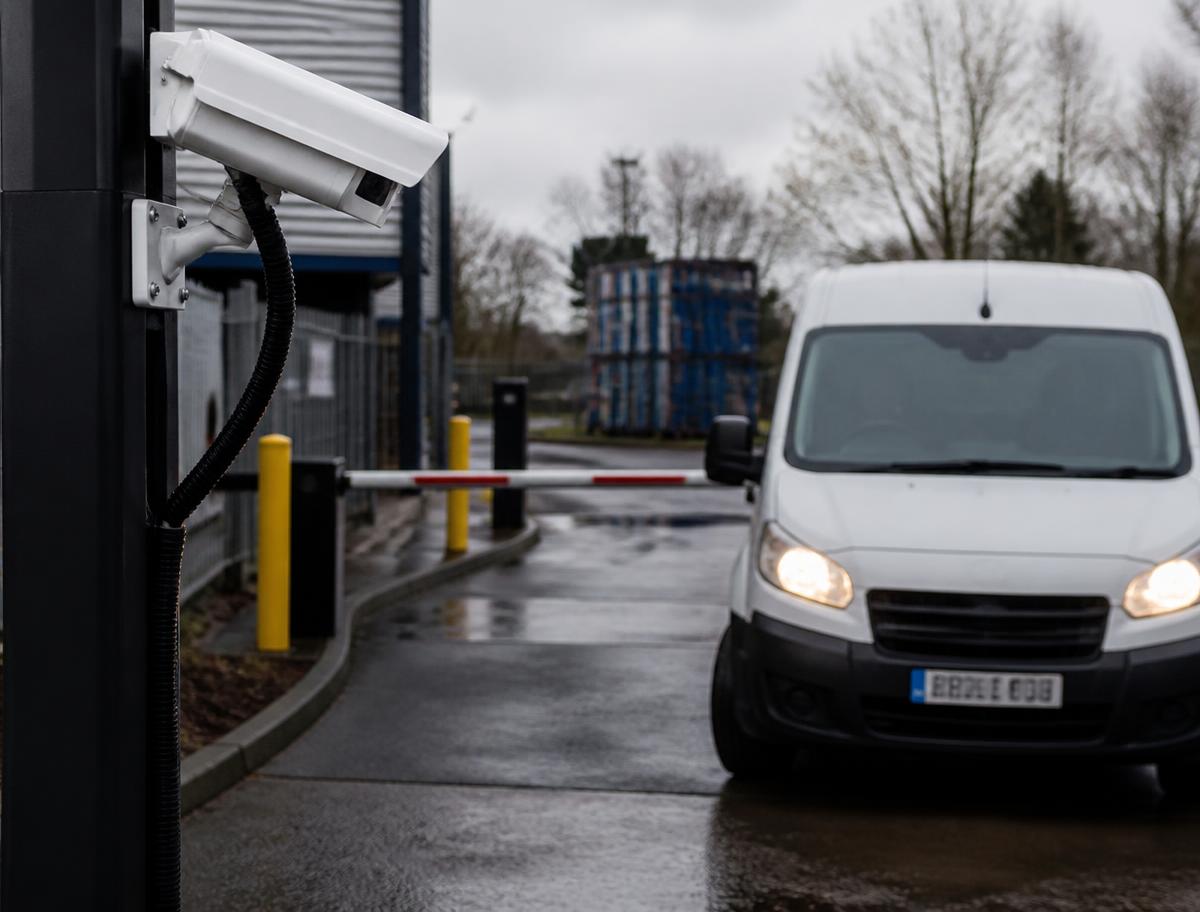 A camera reading a vehicle number plate at a commercial yard entrance